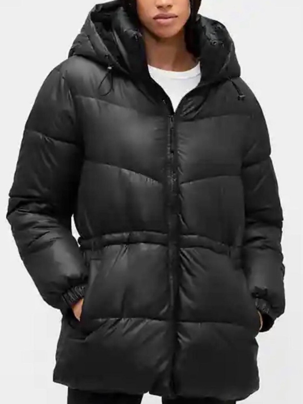 GAP black puffer coat with hood and cinchable waist